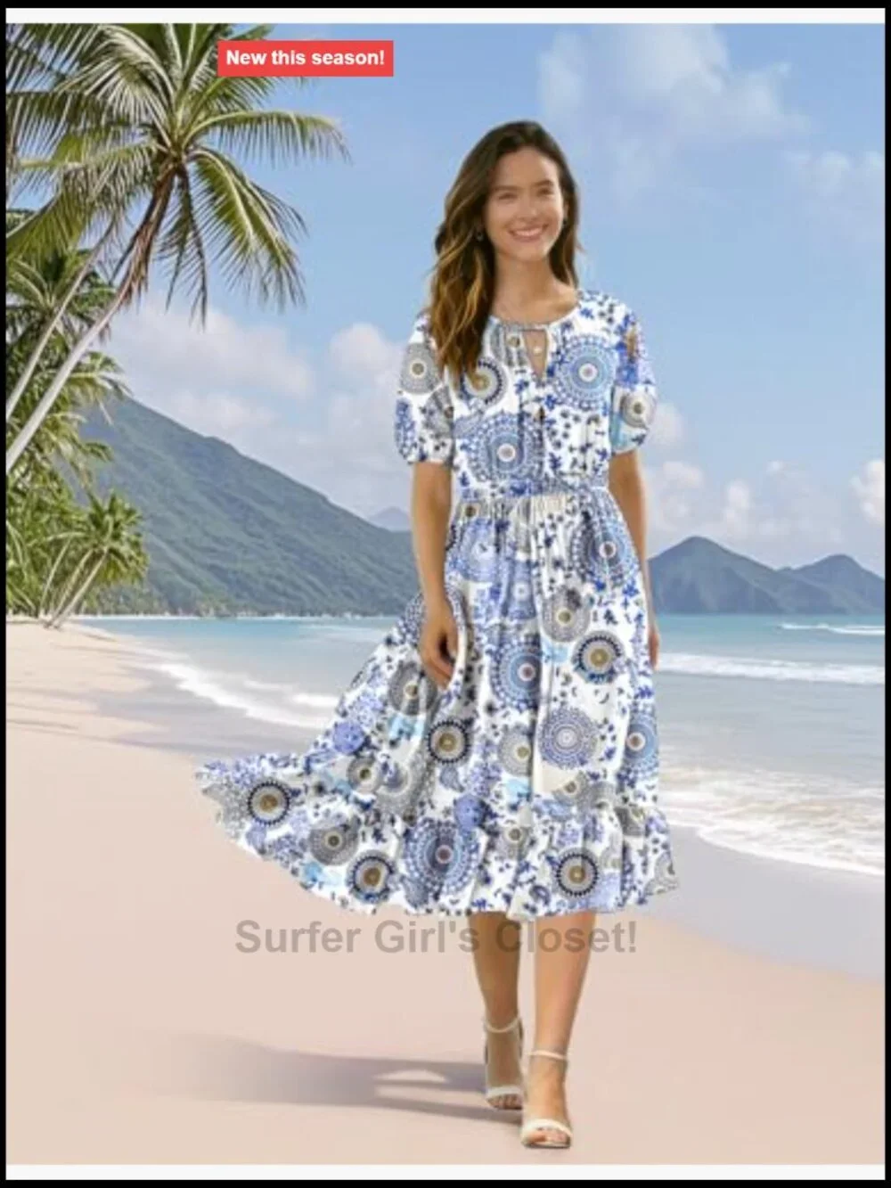 Women's Boho Floral Flowy Midi Dress Puff Sleeve Elastic Waist A-Line Swing